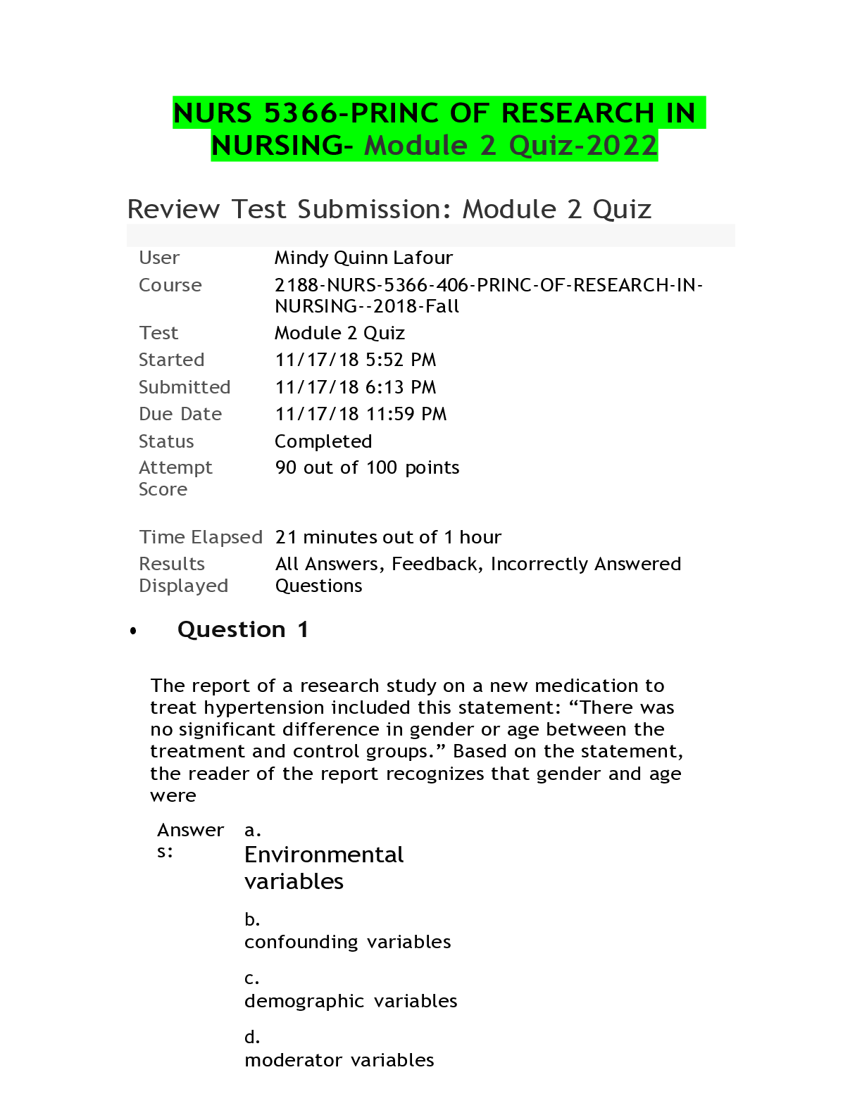 Preview of NURS 5366-PRINC OF RESEARCH IN NURSING- Module 2 Quiz-2022